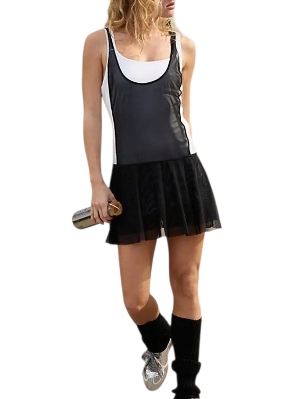 FP Movement Downtown Drop Shot Tennis Dress Black White Mesh Built In Shorts M